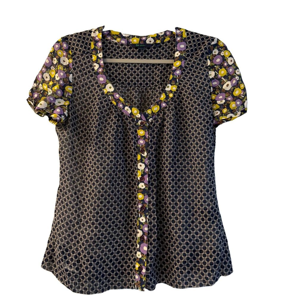 Boden blue purple floral polka dot short sleeve sheer blouse top ladies size 10